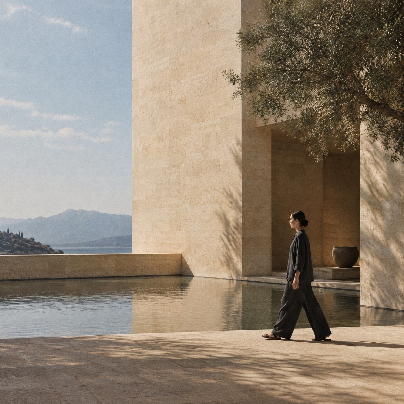 A woman walking past travertine walls beside a reflecting pool