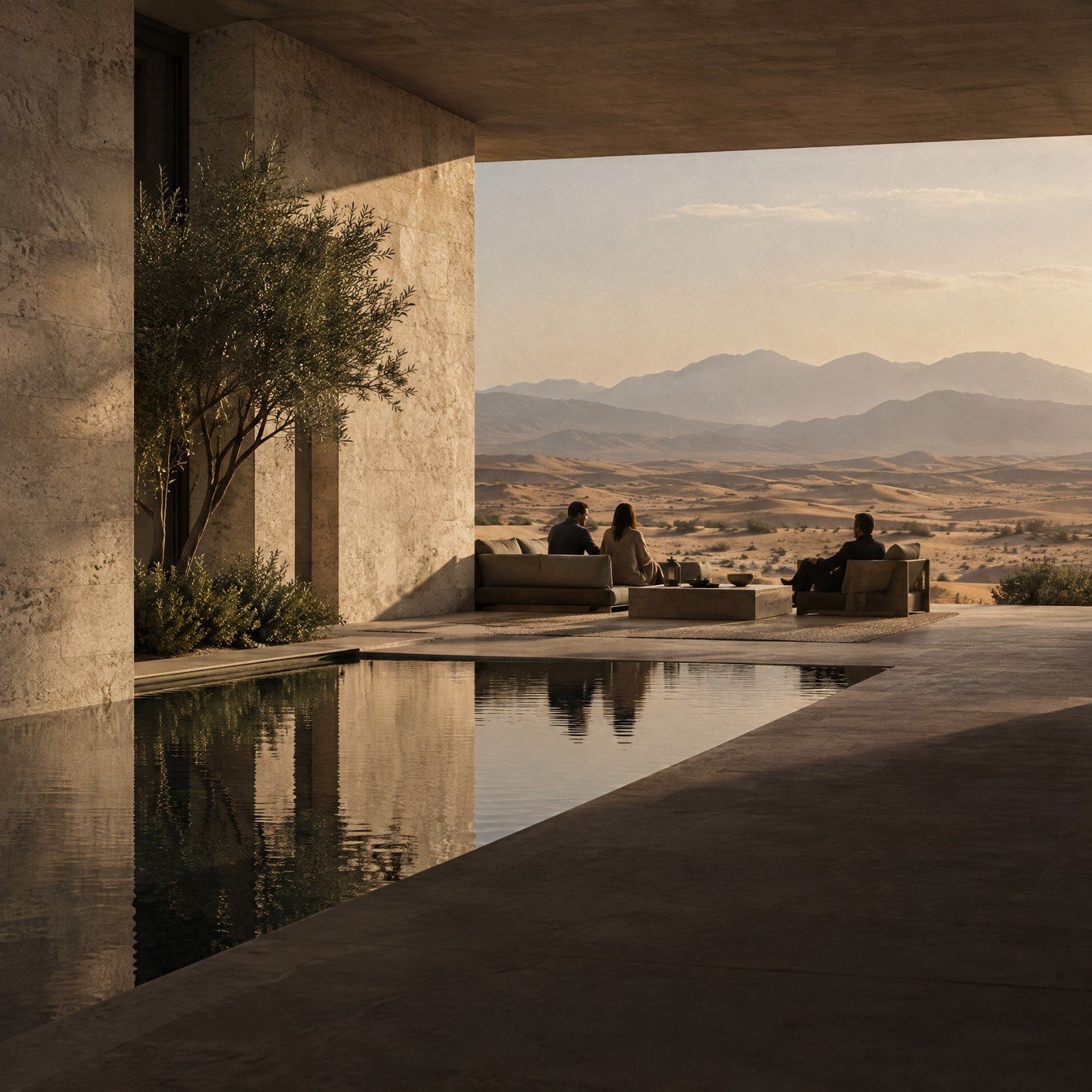 A desert terrace with sofas facing dunes and mountains
